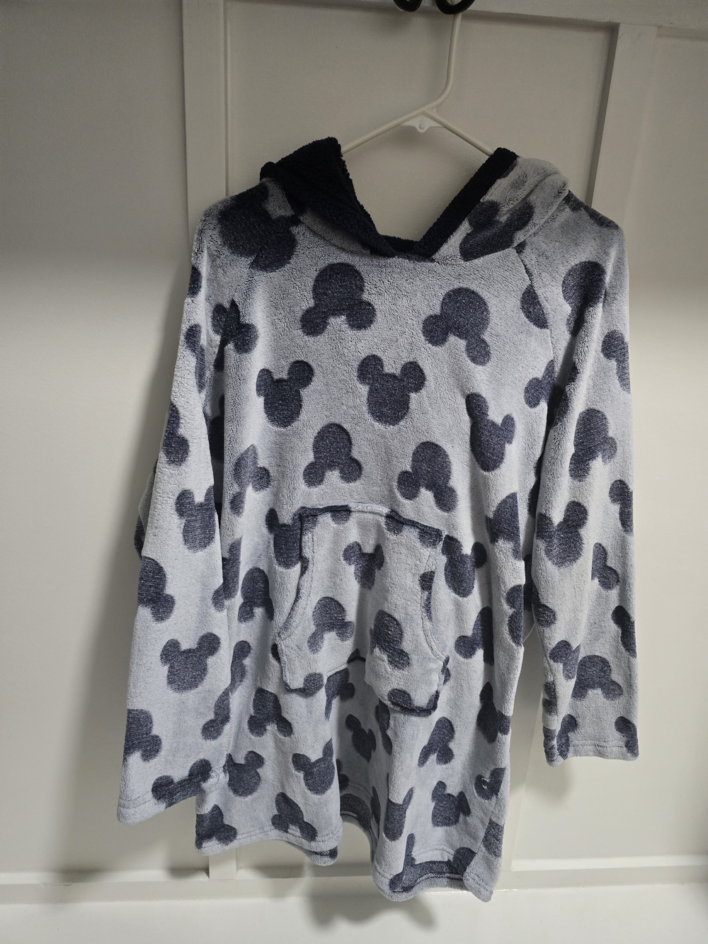 Plush Hooded Pullover - Light Gray with Navy Mickey Pattern